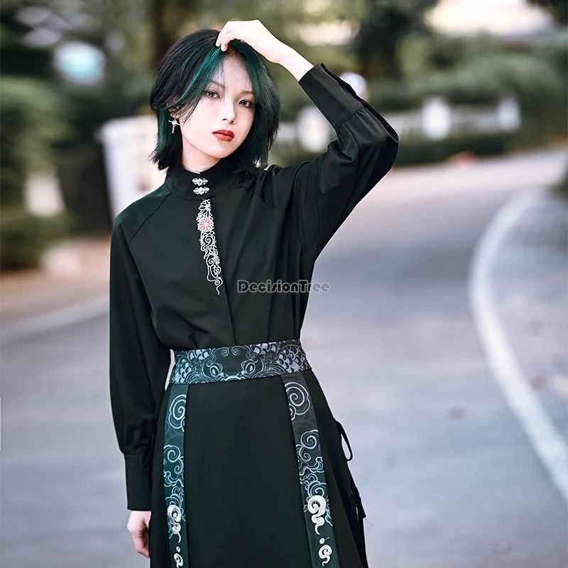 قميص هانفو بأكمام طويلة ومطرز على الطراز الصيني لعام 2025 للنساء بدلة تانغ أنيقة فضفاضة للنساء