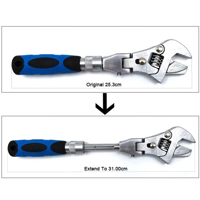 Robuster, 250–310 mm ausziehbarer, verstellbarer Schraubenschlüssel aus Legierung mit 180 Grad gefalteter Backe