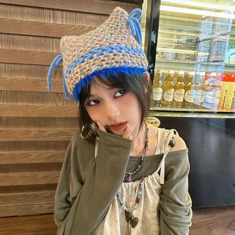 

Модная полосатая шерстяная шапка, женская контрастная цветная шапка-бини, вязаная шапка, винтажная шапка Y2K, весна-лето