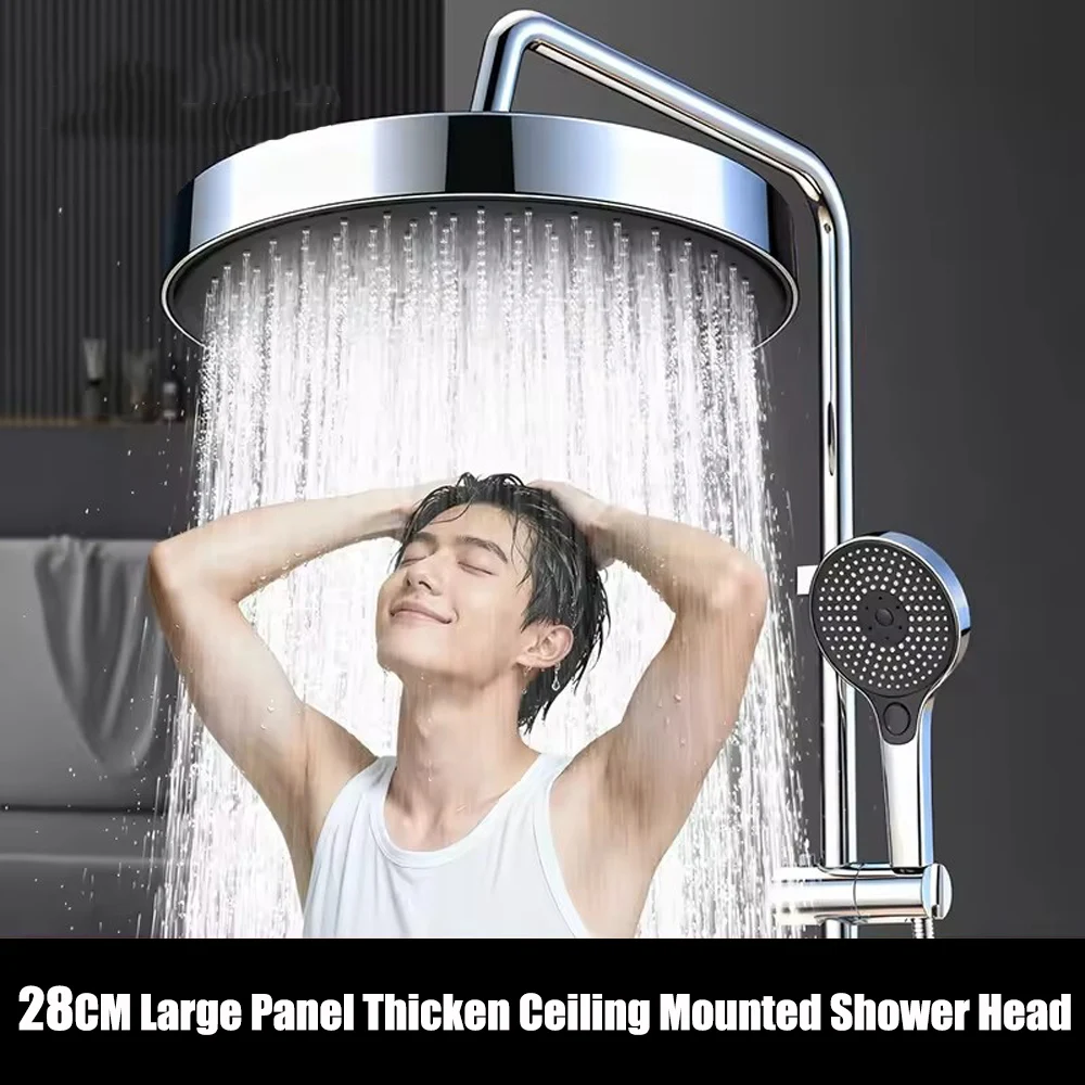 

New 28CM Large Flow High Pressure Shower Head Ceiling Mounted Rainfall Shower Round Black Silver Top Sprayer Bathroom Accessorie
