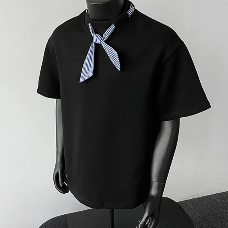 Camiseta urbana de manga corta con cuello redondo para hombre, traje de marinero de alta gama con escote empalmado, novedad de verano