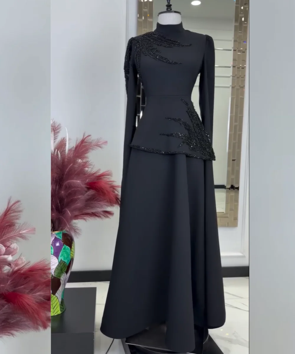 

Customized Fashion Jersey Sequined Pleat Pattern A-line High Collar Long Celebrity Luxury Party Chinese Style