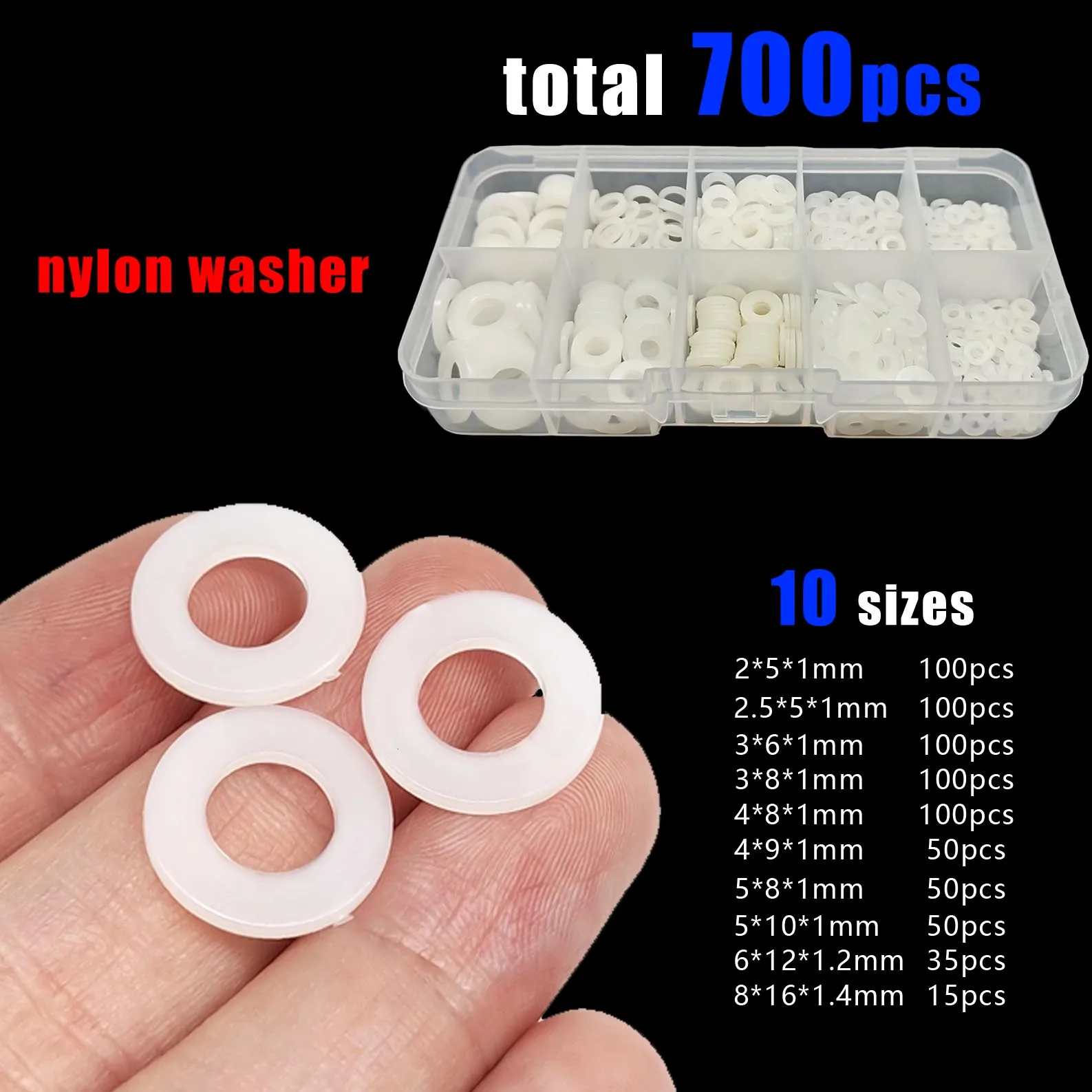 Total 700pcs M2 M2.5 M3 M4 M5 M6 M8 White Black Plastic Nylon Flat Washer Plain Insulation Gasket Ring Assortment Kit Set Box