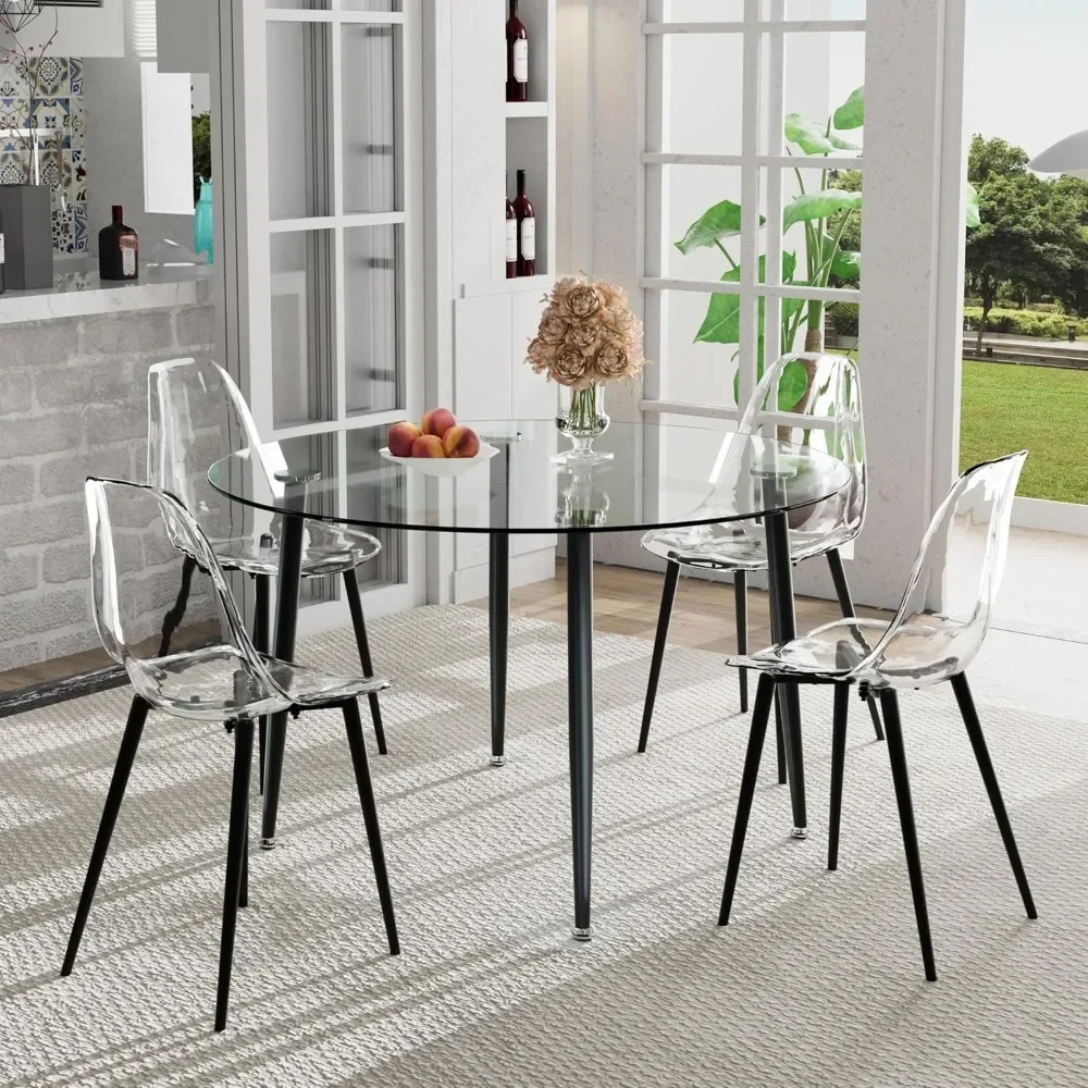 

Round Glass Dining Table Set for 4, Clear Glass Kitchen Table Set, 5 Piece Circle Dining Room Table Set, 47'' Modern Circular