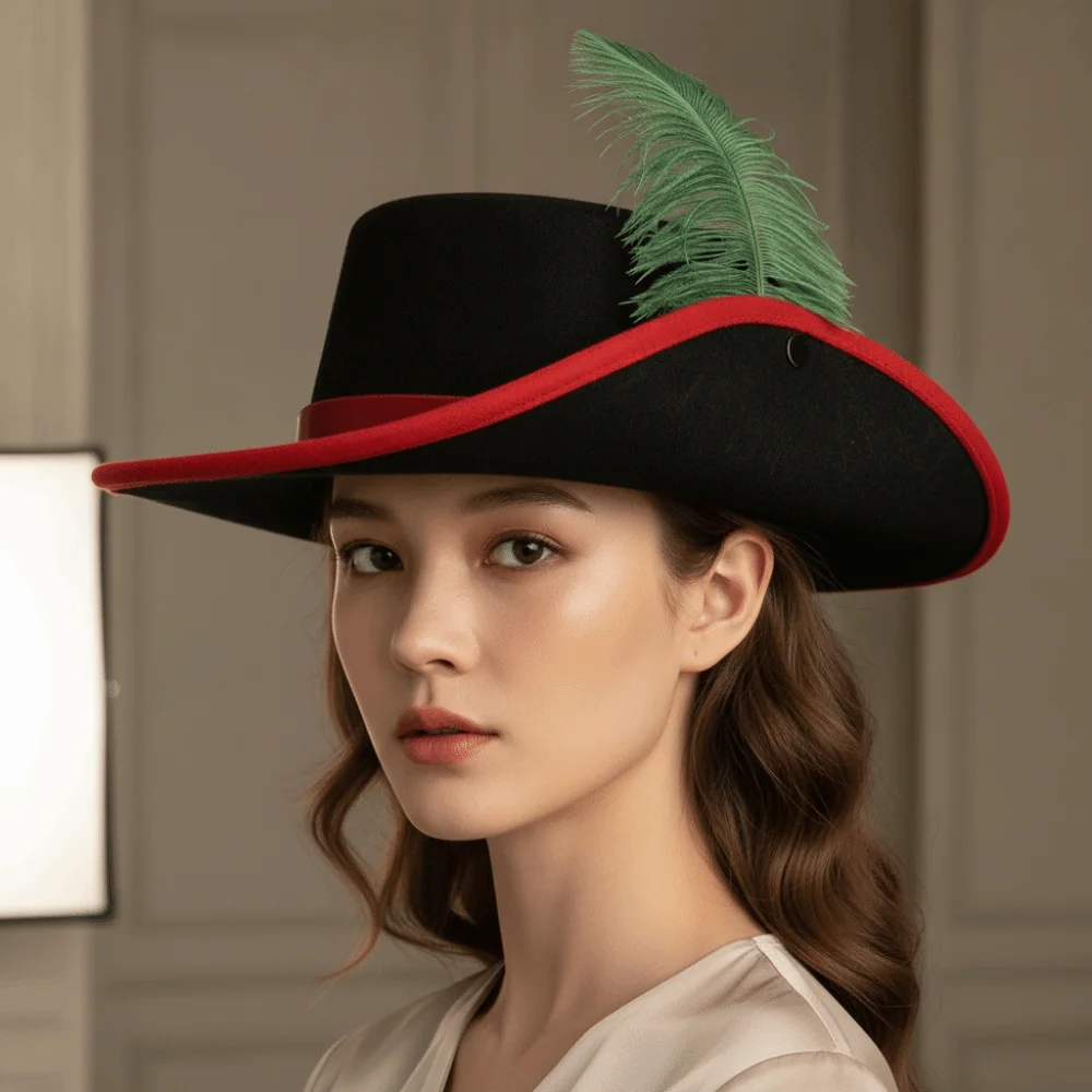 Felt Cavalier Top Hat Wide Brim Flat Top Feather Stage Cap Black Lightweight Masquerade Headwear Halloween Cosplay