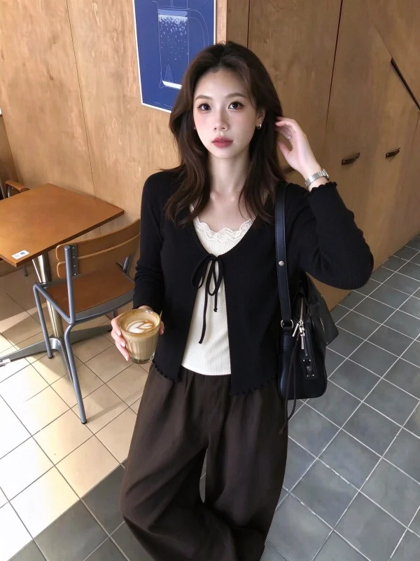 Black Belted Long Sleeve Knitted Top Wooden  Casual Slim Fit Fashionable Unique Style Korean Design Autumn Essential Shirt