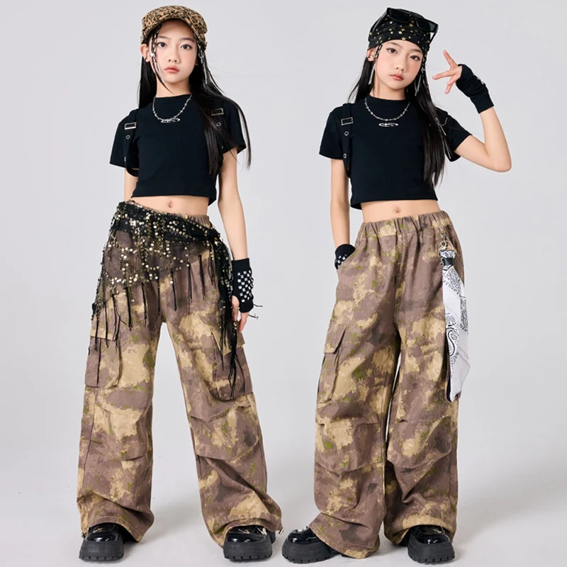 Jazz Dance Clothing Children Black Tops Camouflage Cargo Pants Cool Girl Fashion Clothes Street Dance Costume Kpop Clothes 1720