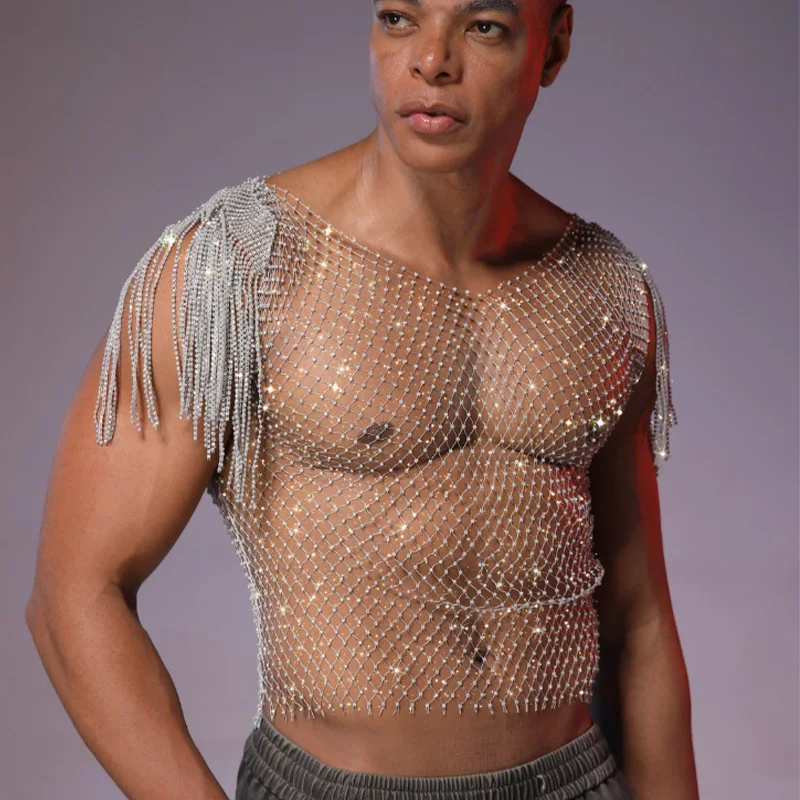 

Shiny Rhinestone Fishnet Hollow Out Mesh Short Top for Men Trendy See Through Tassel T Shirt Party Cover Up Club Tank Tops