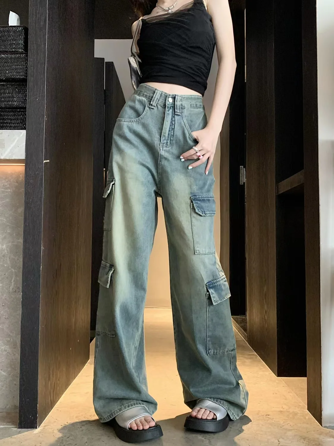 American Retro Multi-Pocket Workwear Denim Pants Women's Sweet Cool Loose High Waist Slim Straight Leg Wide Leg Pants Floor-L...