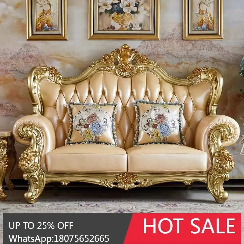 

HLZ European Style High-End Genuine Leather Sofa Simple Living Room 3-Seater Luxury High-Grade Luxurious Carved Furniture