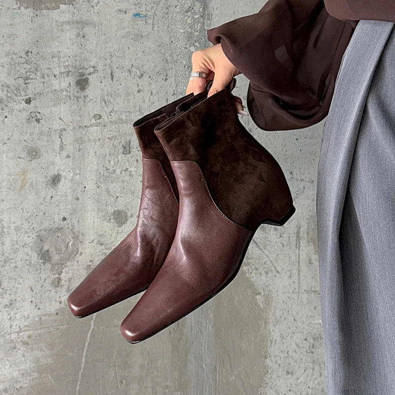 Square Toe High Heels Genuine Leather Ankle Boots Side Zip Classic Autumn Sexy Women Office Ladies Daily Comfort Short Boots