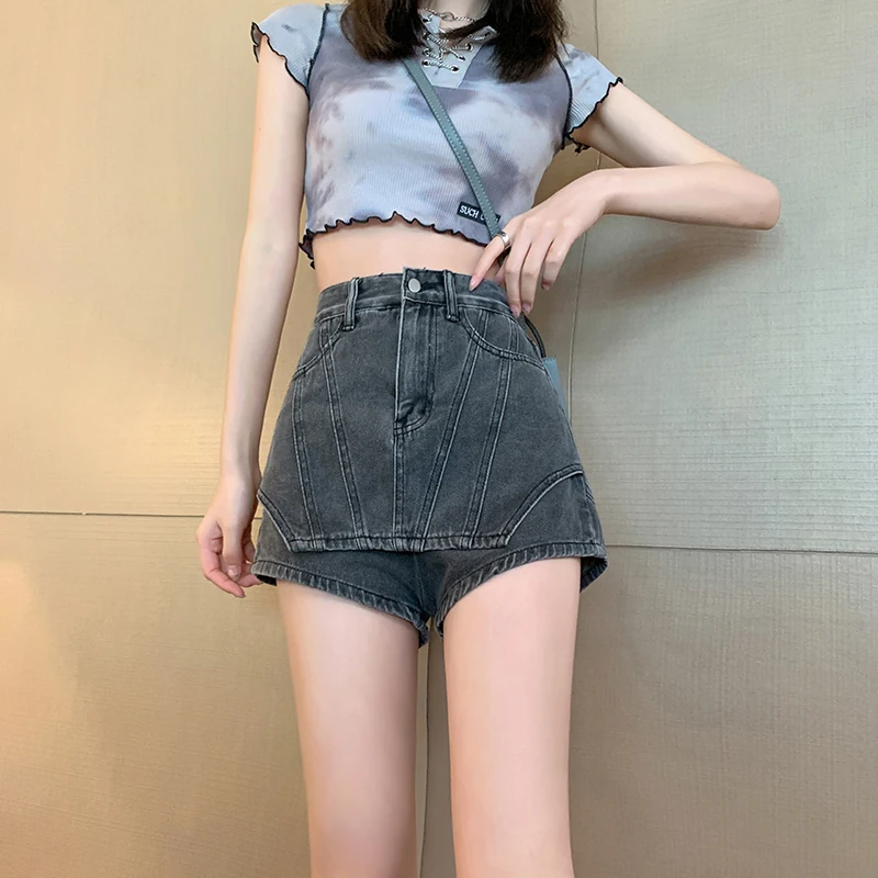 

High waisted denim skirt pants for women in summer, sexy washed A-line denim shorts and skirt pants, two large fake pieces