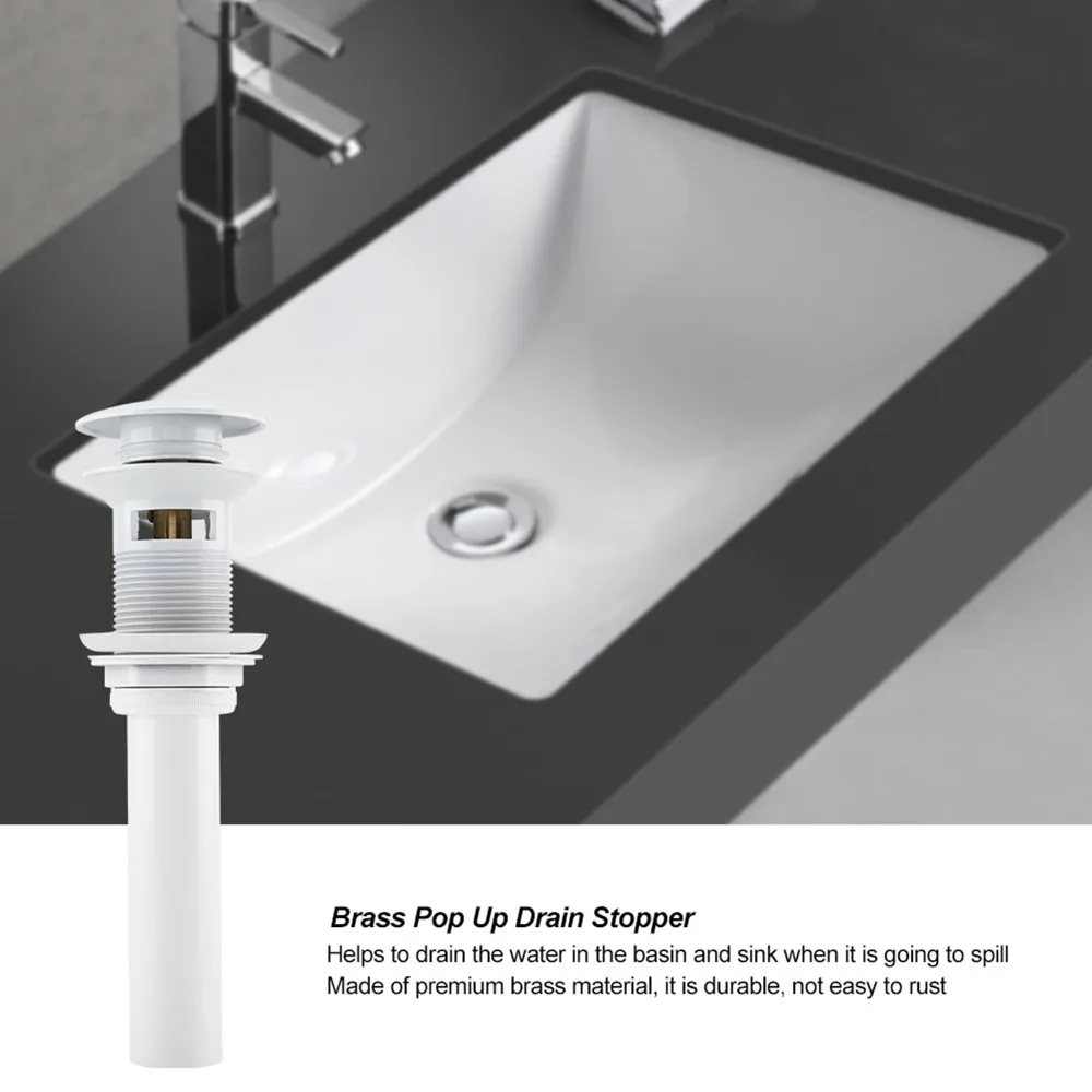 Practical Push Bounce Drain Stopper Brass With Overflow Hole Basin Sink Drain Push Button White Coating Sink Drainer For Kitchen
