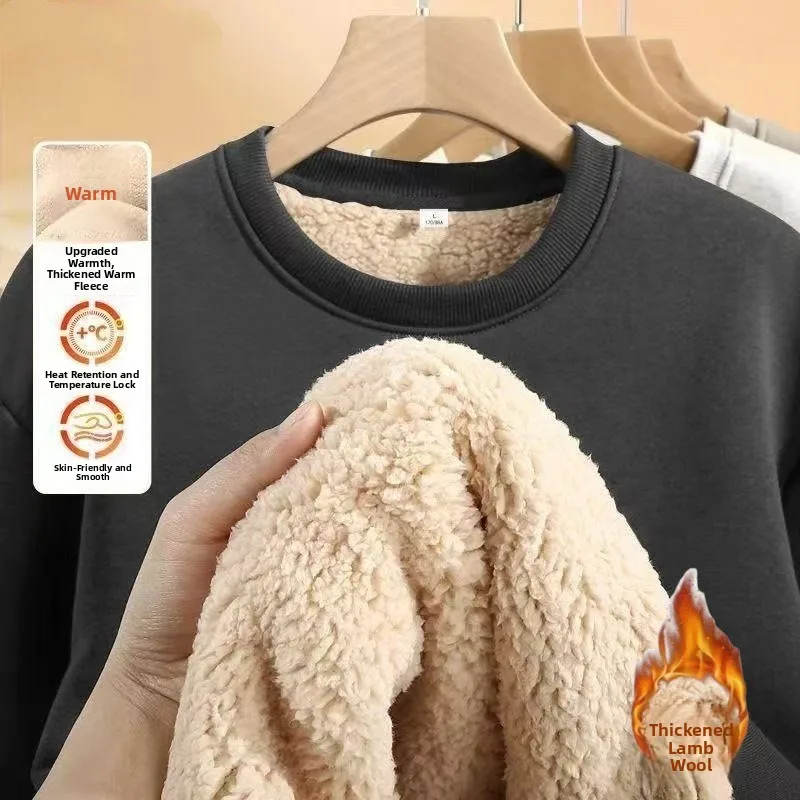 Thickened Fleece Lined Autumn Winter Lamb Velvet Sweatshirt Unisex round Neck Pullover Heavyweight Warm Base Shirt Casual Loo...