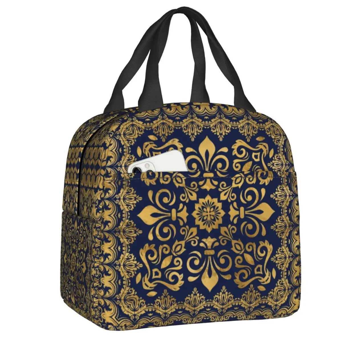 Oriental Damask Fleur De Lis Insulated Lunch Bag for Women Fleur-De-Lys Lily Flower Cooler Thermal Bento Box Office Work School