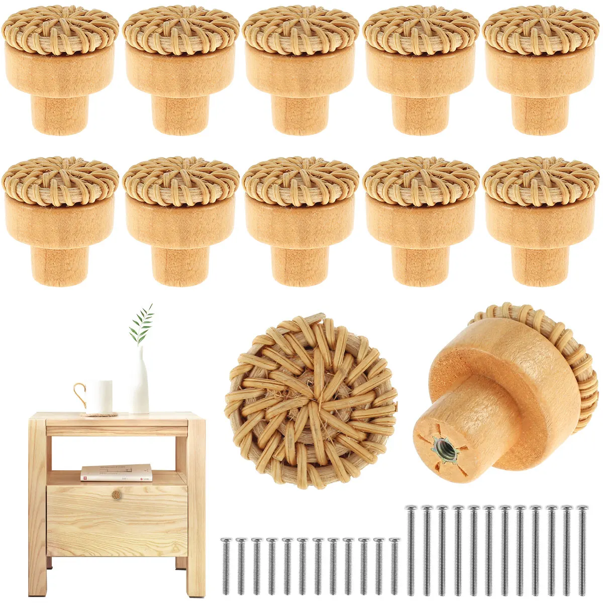 

12Pcs Wooden Rattan Dresser Knobs Kit Round Decorative Furniture Pull Handles Multipurpose Woven Drawer Pulls for Bedside Tables