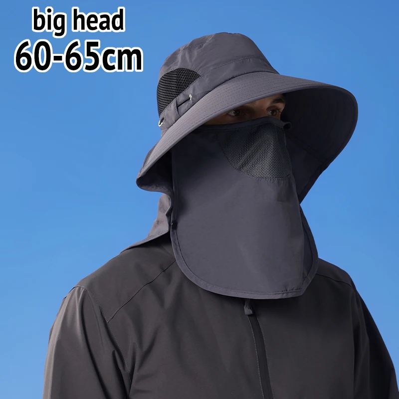 XL XXL Big Head Sun Hat 60-65cm Oversized Large Head Fishing Hat with Face Mask Neck Flap 360 UV Protection Bucket Cap view 4