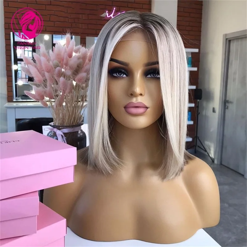 

Short Bob Human Hair Wigs Highlight Blonde Colored Full Lace Wig HD Transparent Middle Part Lace Frontal Wigs 13x6 Pre Plucked