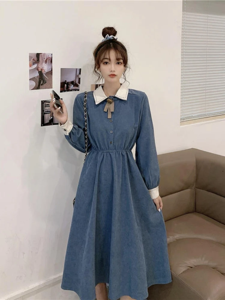 Dresses Women Defined Waist Korean Fashion Turn-down Collar A-line Temperament Bow Design Vestidos Vintage Popular Female Trendy