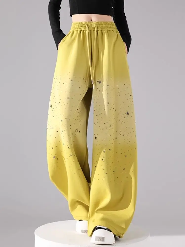 Casual Glitter Rhinestone Gradient Color Thickened Fleece Wide Leg Pants Heavy Work Knife  Comfortable Cool Style Women's...