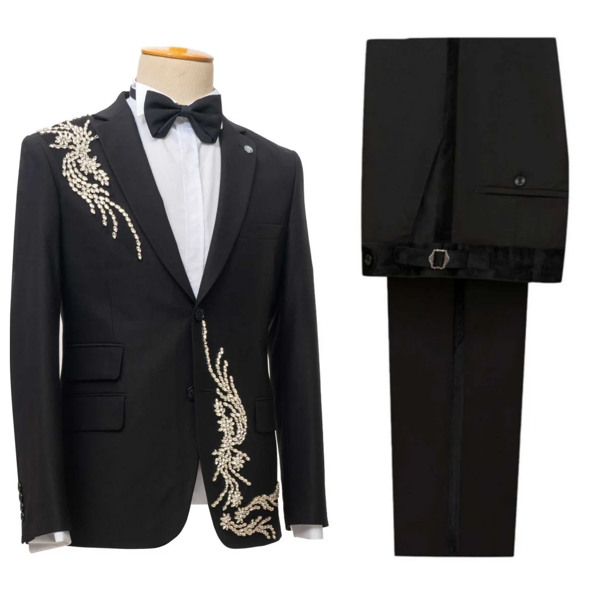 

Formal Man Tuxedos 2 Pcs Jacket Pants Crystal Men Suit Luxury Notche Lapel Two Buttons Evening Wedding Groom Customized