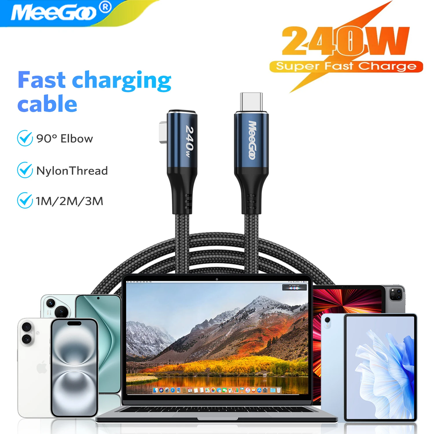 MeeGoo USB Type C To USB C Cable 240W PD Fast Charging Charger Wire Cord For Macbook Xiaomi Samsung Type-C USBC Cable 1/2/3M NEW
