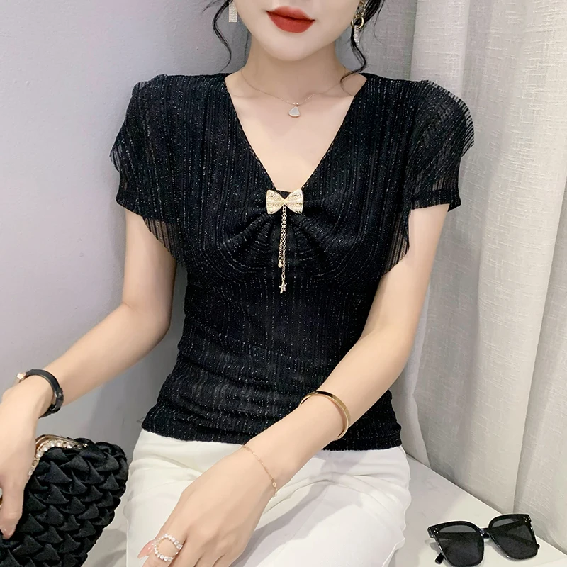 Black Summer Korean Style T-Shirt Fashion Sexy V-Neck Bowknot Shiny Ruffles Women Short Sleeve Tops Elastic Tees 2024 New 432620