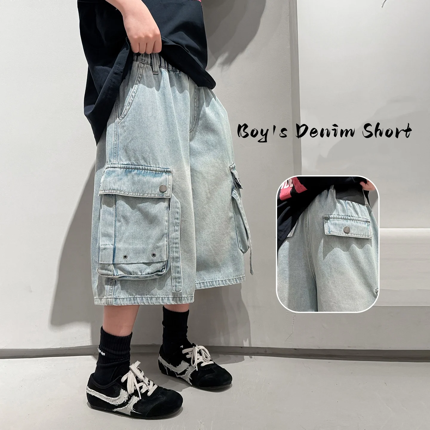 Boys Loose Denim Cargo Capri Shorts Light Blue Washed Multi‑Pocket Elastic Waist Kids Hip‑Hop Jeans Summer Casual Street Pants