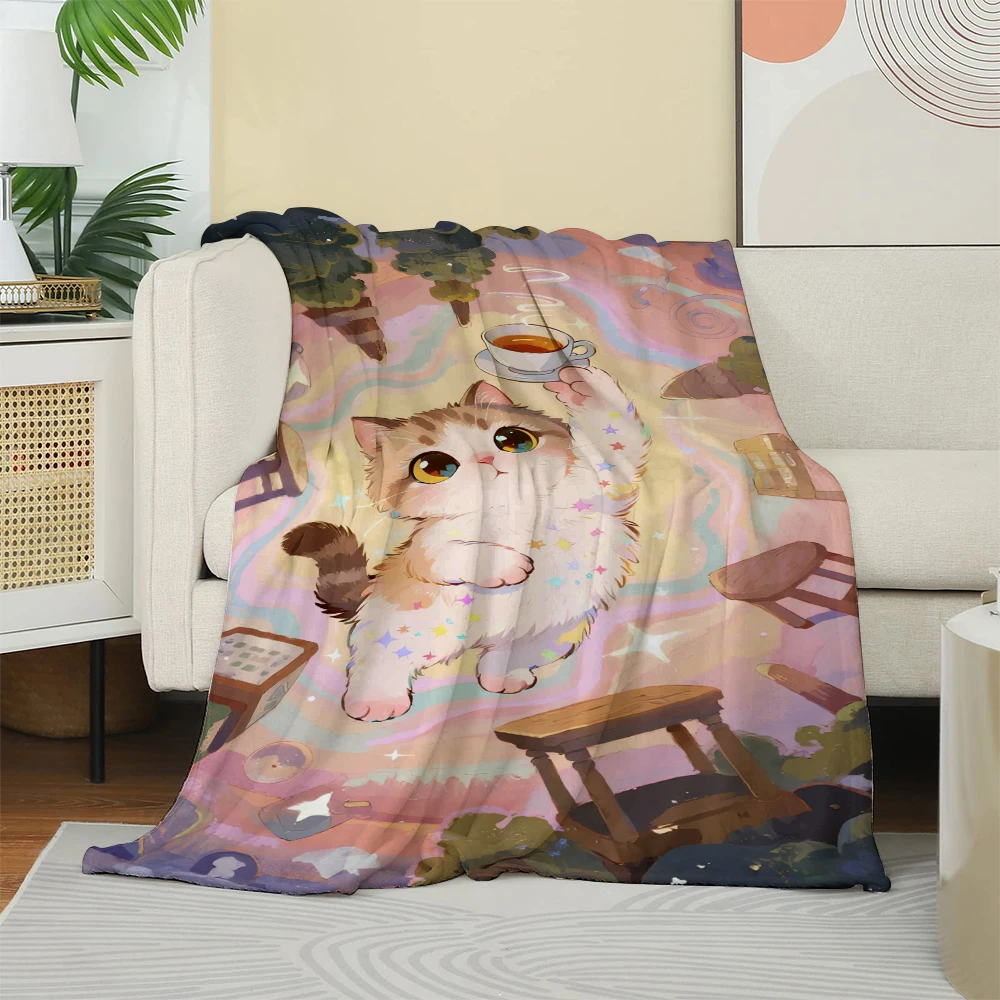 Fantasy Cat & Tea patterns Flannel printed blanket suitable for all seasons suitable for living room office sofa and travel
