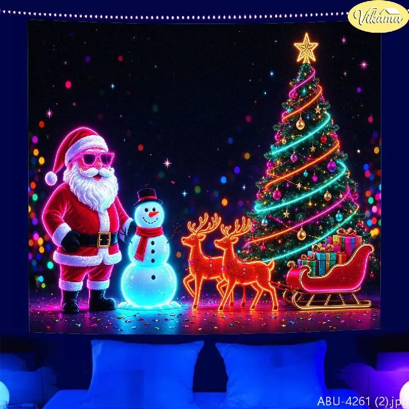 VIKAMA Neon-Style Christmas Tapestry, Santa Claus with Sunglasses Hanging Decoration, Christmas Party Photo Backdrop