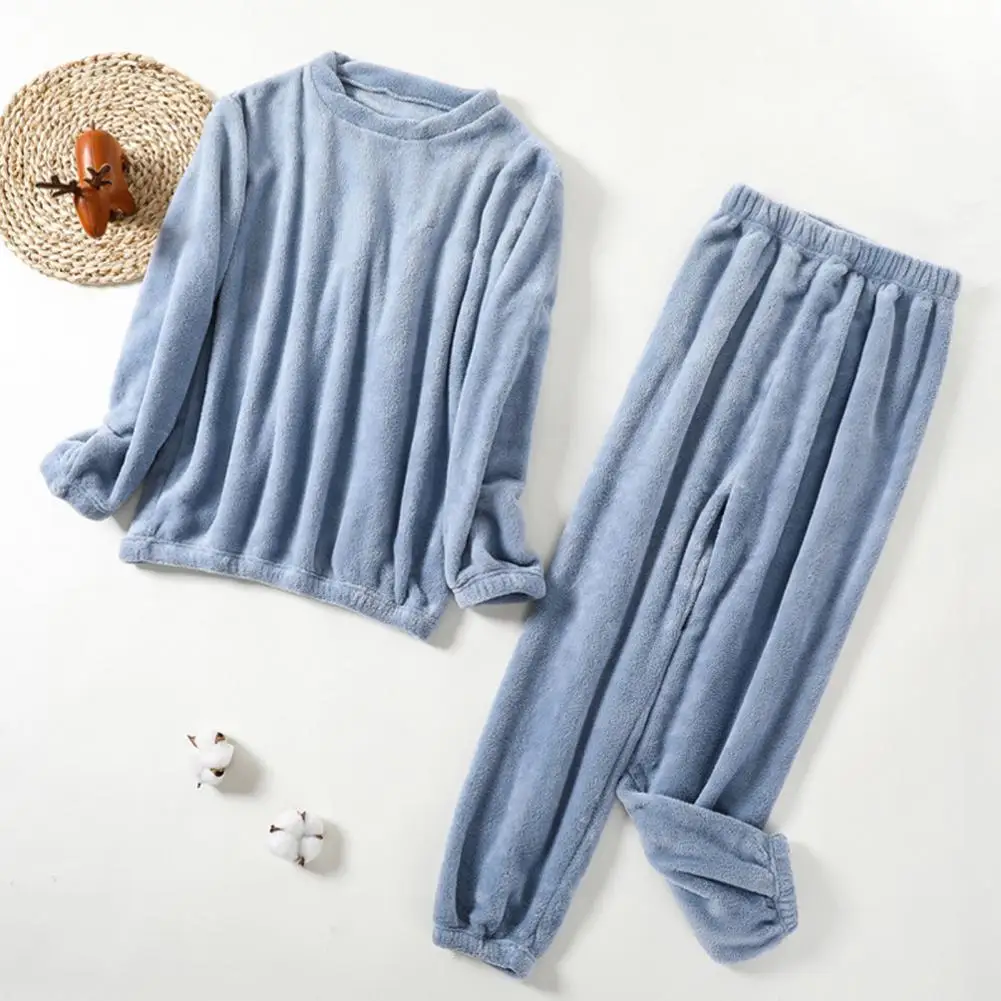 Conjunto de pijamas informales para mujer, Tops de manga larga con cuello redondo, pantalones largos de cintura elástica, conjunto de ropa de estar por casa de lana de Coral suave, 2 unids/set