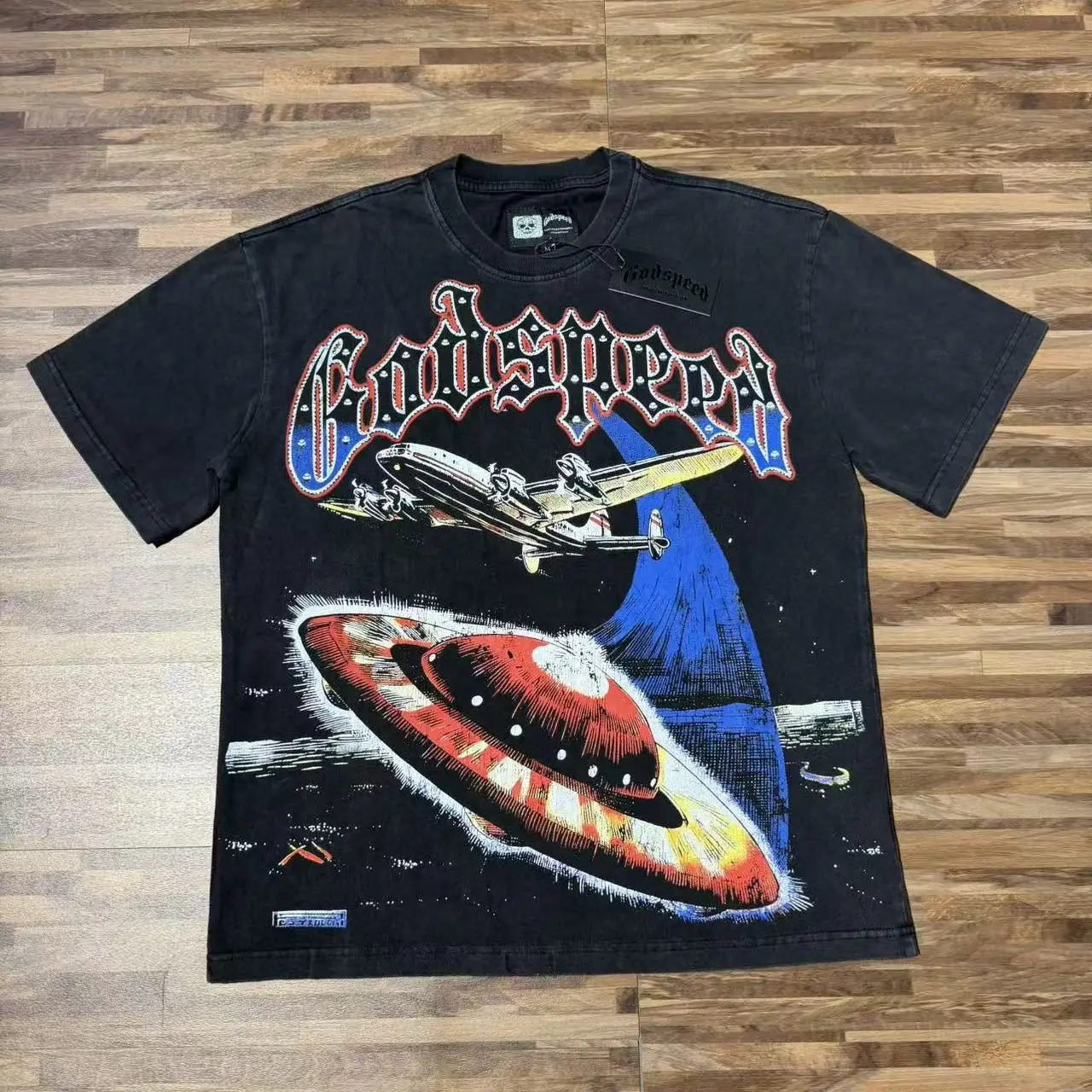 Godspeed American Ins Style Loose Fit Heavyweight Pure Cotton Short Sleeve T-Shirt with Space UFO Print Vintage Washed Effect