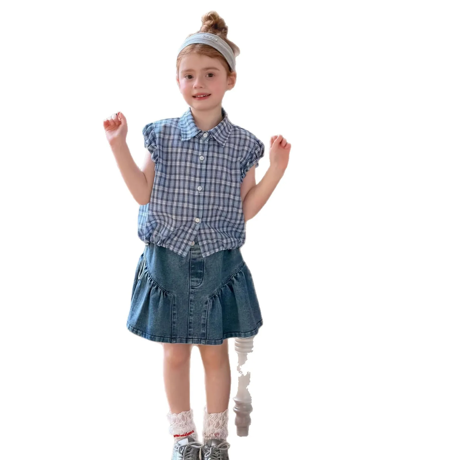 Girls T-shirt 2026 Spring and Summer New Childrens Clothing Korean Style Girl Baby Fashion Sleeveless Frilly Short Plaids Shirt - view 6