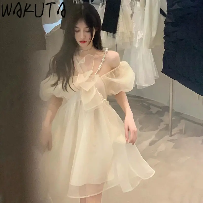 WAKUTA Sweet Mesh Dress Romance Princess Clothing Summer 2024 Slash Neck Off Shoulder Bow Pink Apricot Mini Dresses Korean New