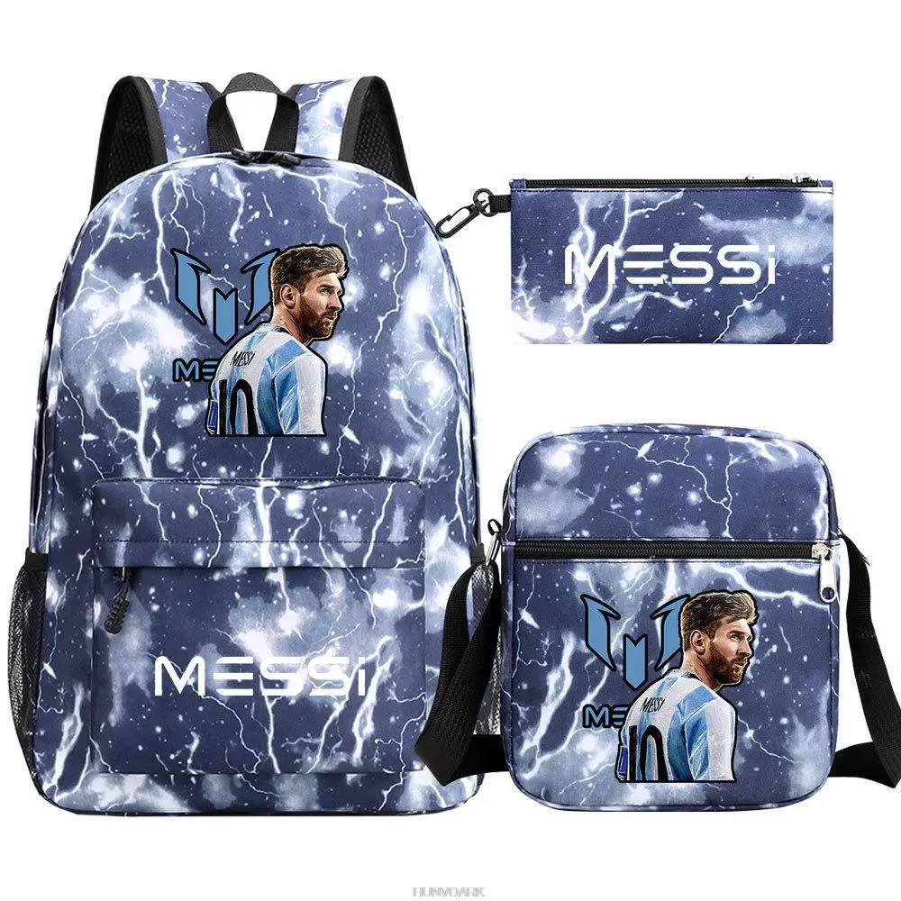 Messi Football Stars Print Mochila, leve simples Laptop sacos escolares, alunos do ensino médio, novo, 3pcs