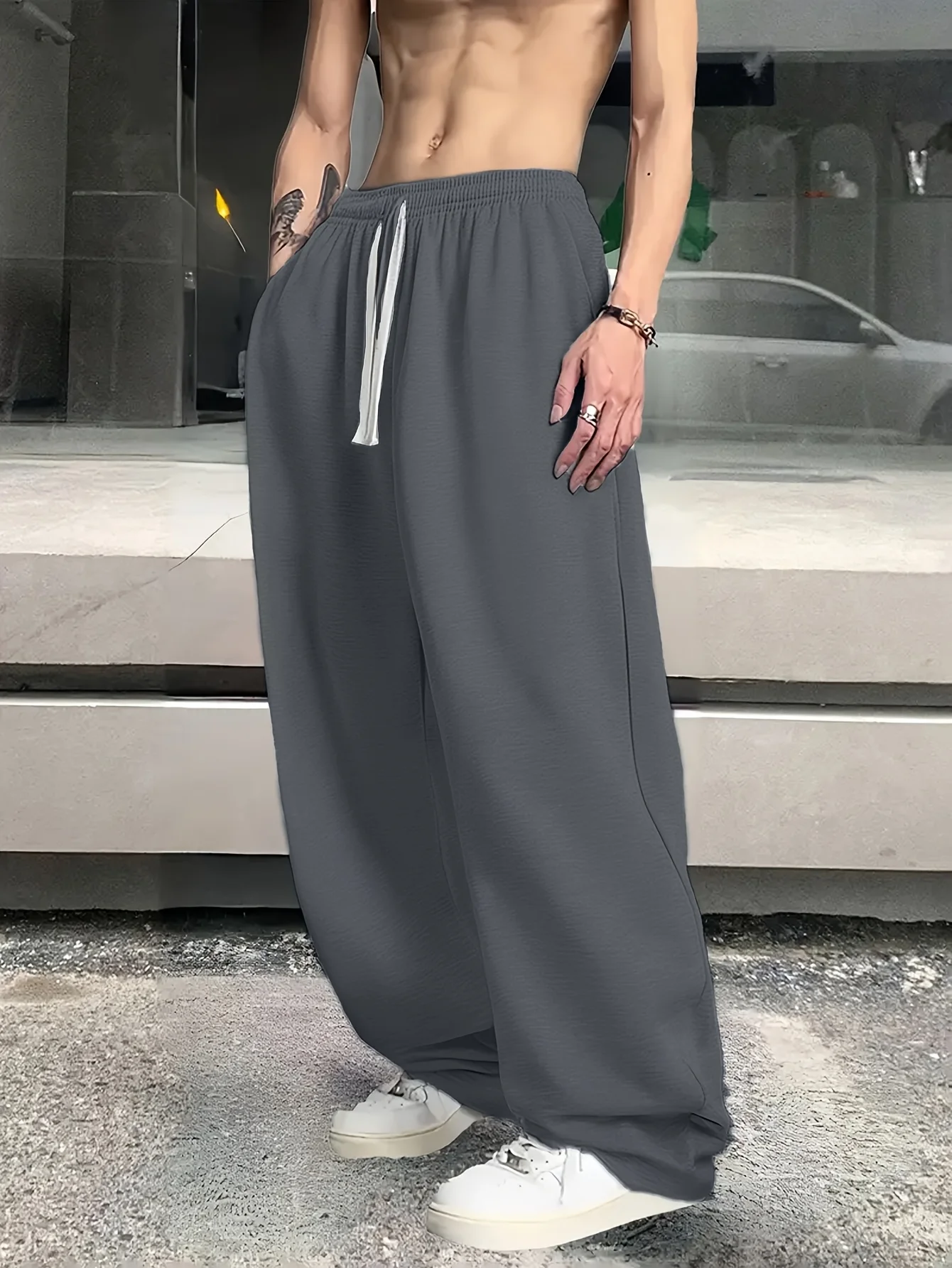 

Men's Solid Color Wide-Leg Sweatpants Soft Knit Elastic Waistband Dual Side Pockets Machine Washable Colors for All-Season