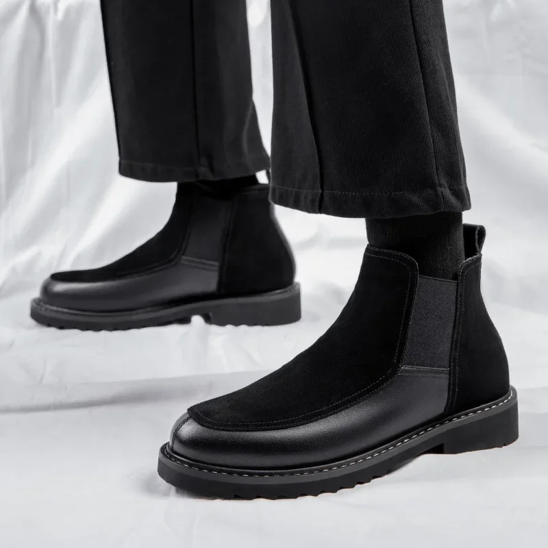 New Men Genuine Suede Leather Casual Shoes Fashion Chelsea Boots Plush Inside Short Boots