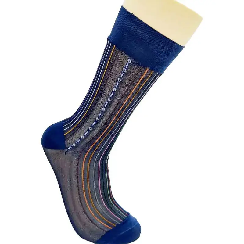 Summer Socks Mens Nylon Thin Breathable Silk Socks Business Ultra-Thin Transparent Colorful Stripe Mesh Socks