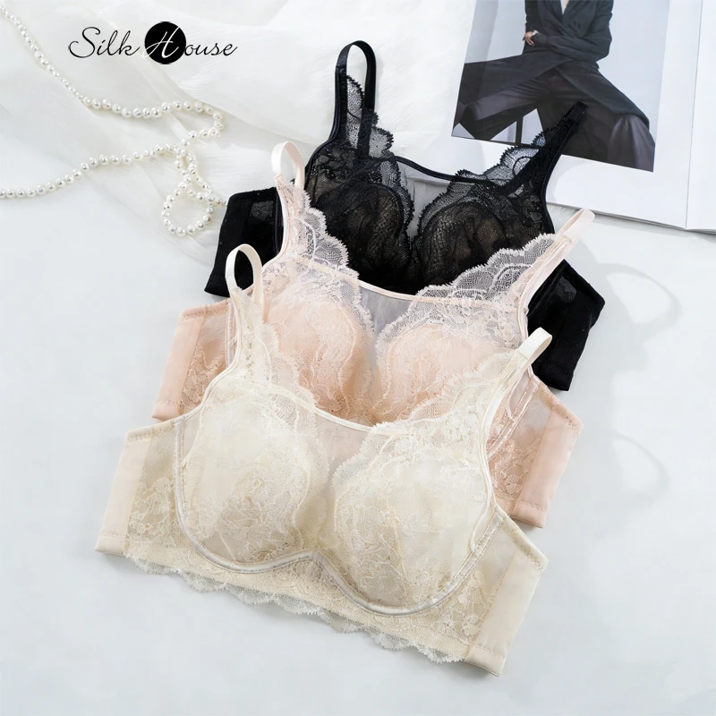 Women's Natural Mulberry Silk Sexy Lace Adjustable Gathering Bra Ultra-thin Rabbit Ear Cup Back Four Row Buckle Underwear