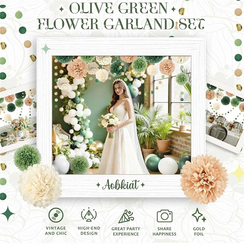 MOPHE-Für Hochzeit Party Dekorationen Set, grüne Seidenpapier Punkte Girlande, 15PCS Pom Poms String hängenden Hintergrund für Hochzeiten