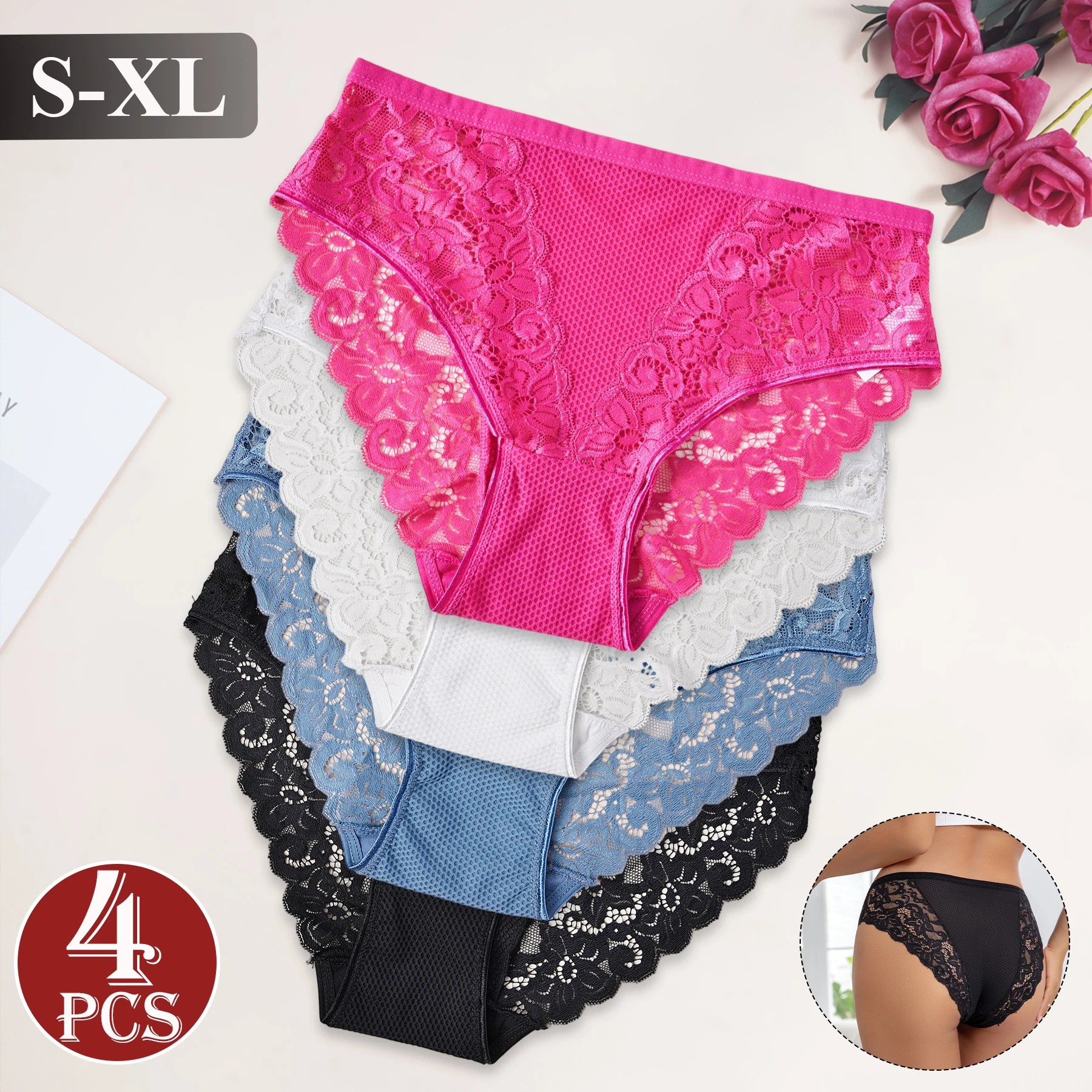 

4 шт., однотонные дышащие трусики со средней посадкой, ажурное кружевное нижнее белье с цветочным принтом, женские трусы, сексуальное интимное белье