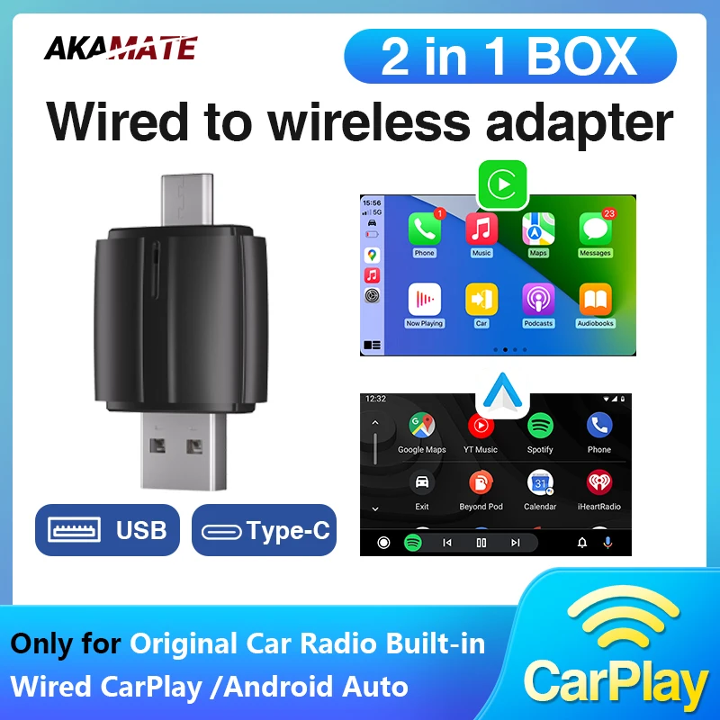 2 in 1 Car Radio Wired to Wireless CarPlay Dongle Wireless Android Auto Type-C USB Plug and Play for Audi Kia Toyota VW Benz 