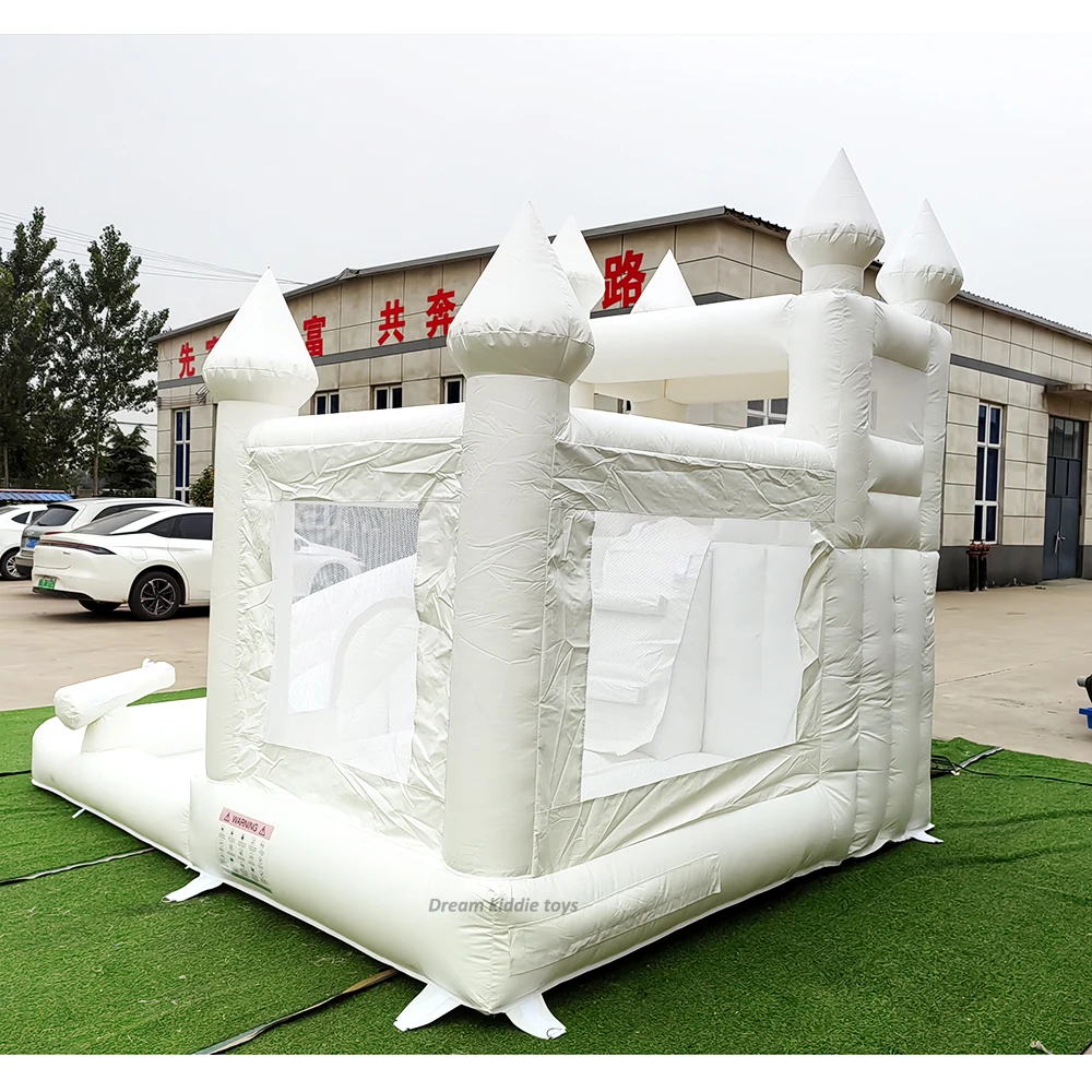 Castillo inflable de PVC con tobogán, casa de rebote blanca con soplador, decoración de boda