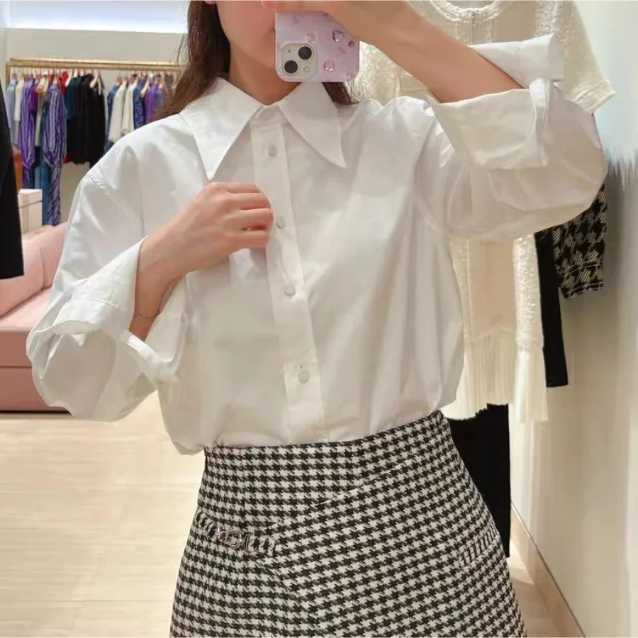 

Women White Shirt Turn-down Collar Single Breasted Long Sleeve Solid Color Simple Spring 2024 Blouse