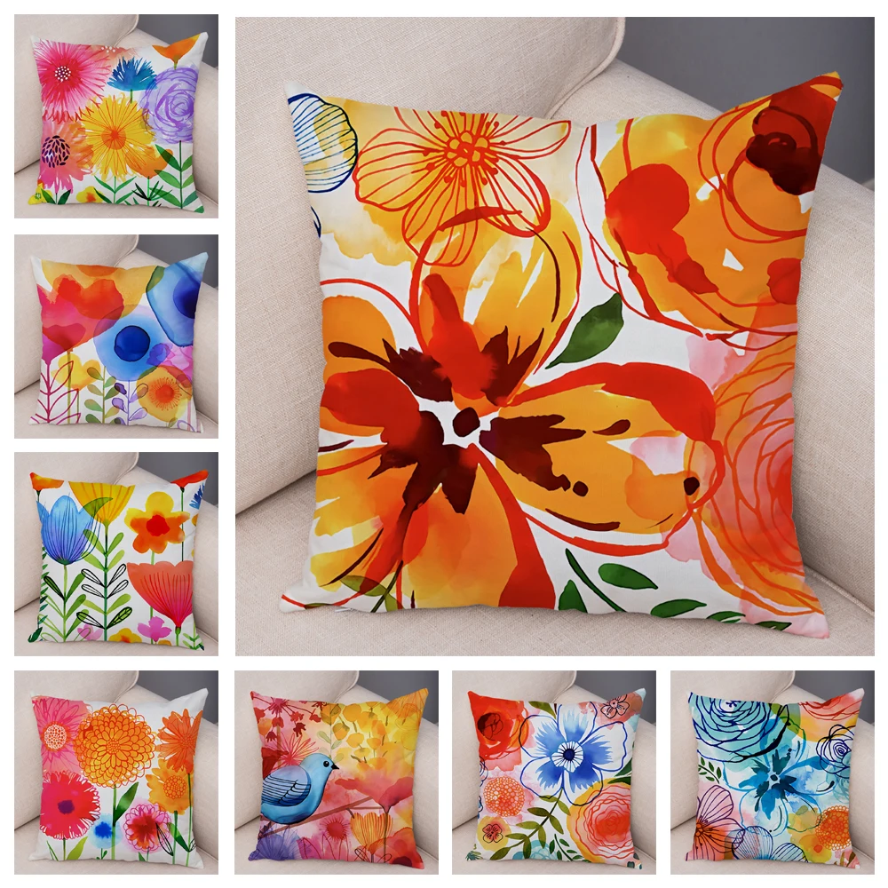 

Watercolor Flower Leave Pillow Case Decor Colorful Plant Floal Cushion Cover for Sofa Home Car Soft Plush Pillowcase 45x45cm