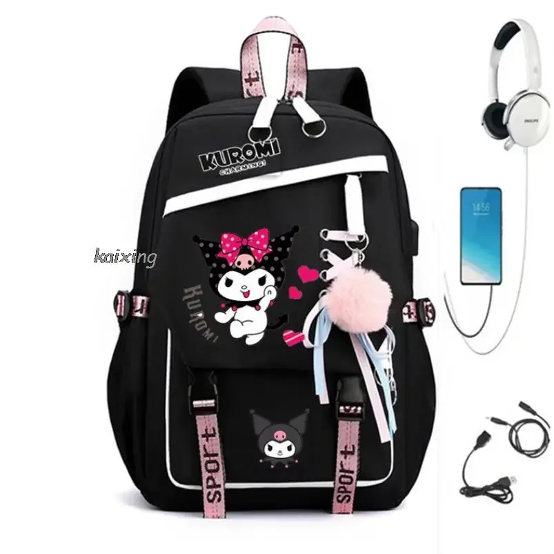 USB Girls Backpack Melody School Book Bags Kuromi Teen Women Men Travel Bags Laptop Headphone Port Mochila Gift