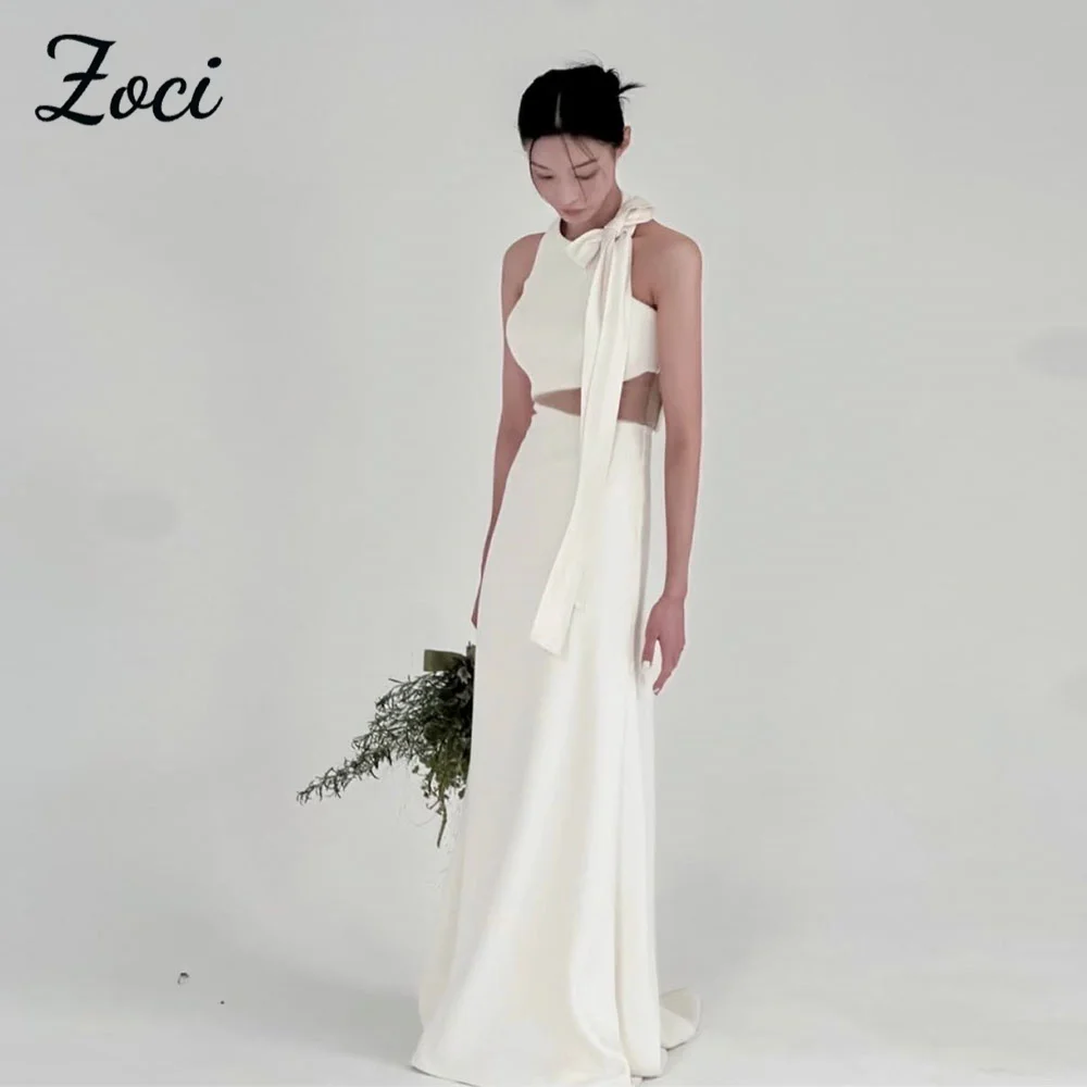 Zoci Simple Cut Out Korea Wedding Dresses Customized Sleeveless Straps Bow Bride Photos Shoot Dress Floor Length Bridal Gown