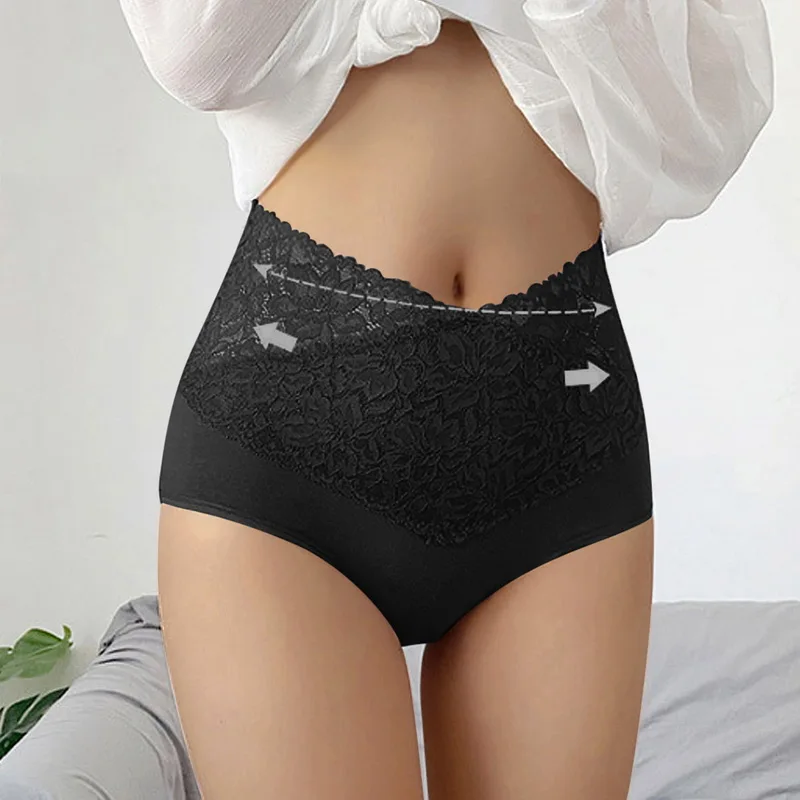 High Waist Large Size  Lace Cotton Panties Sexy V-shaped Women's Underwear Autumn Hips Slimming Sexy Lace Female Panties 2023