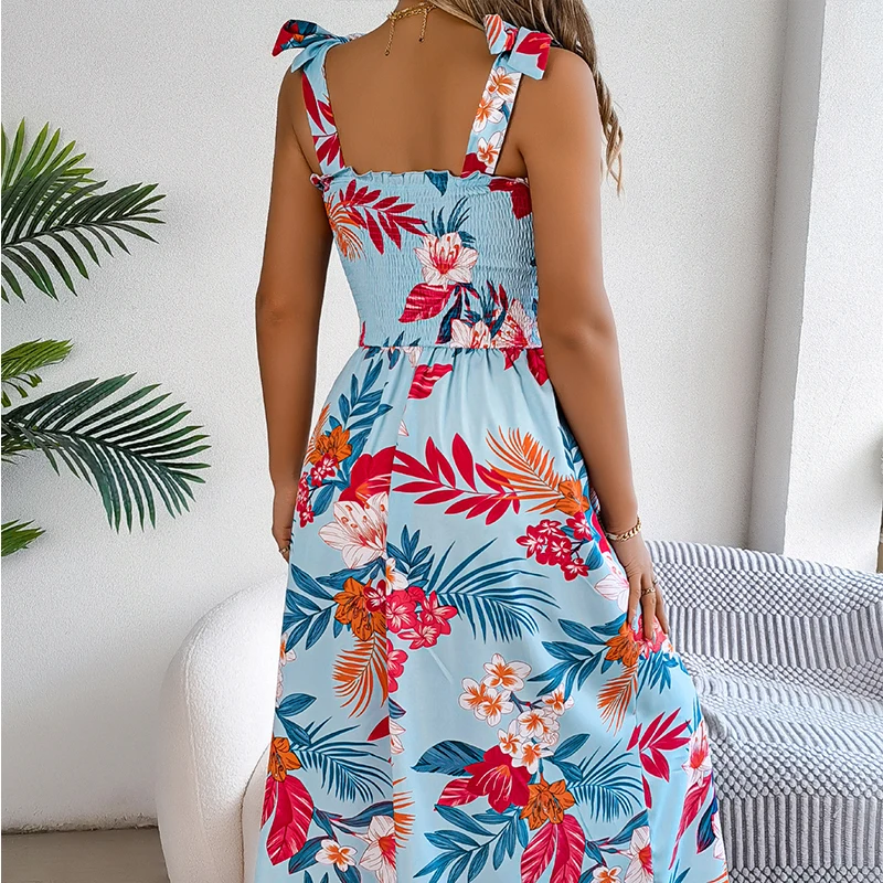 Abito lungo Boho estivo da donna elegante Colletto quadrato sexy Stampa floreale Vacanza Spiaggia Cami Vestito estivo Abiti maxi con cinturino casual