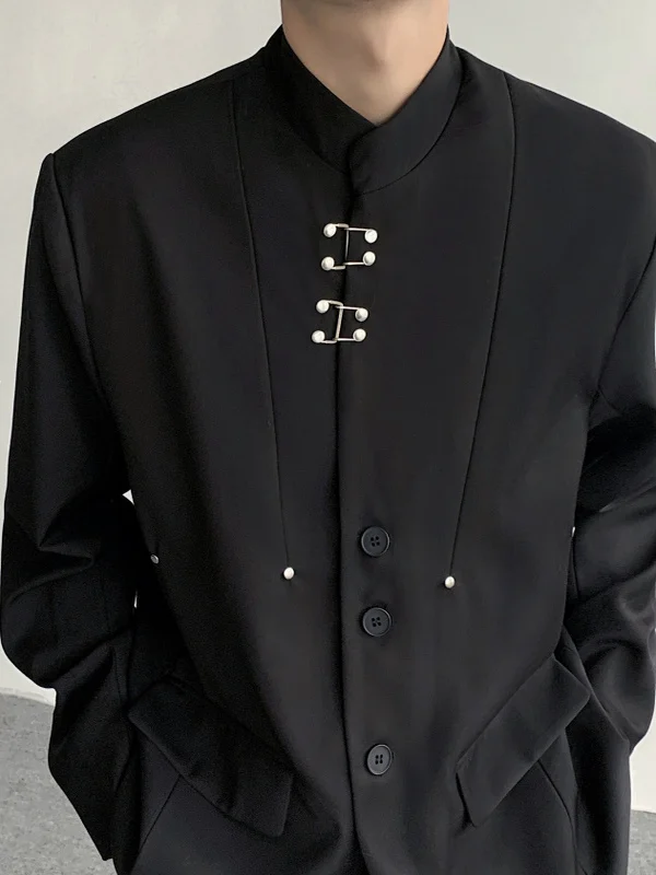 

Весна 2024 Мужской улучшенный китайский костюм с подплечниками, металлическим декором, синий, с воротником-стойкой, в национальном стиле, с длинными рукавами